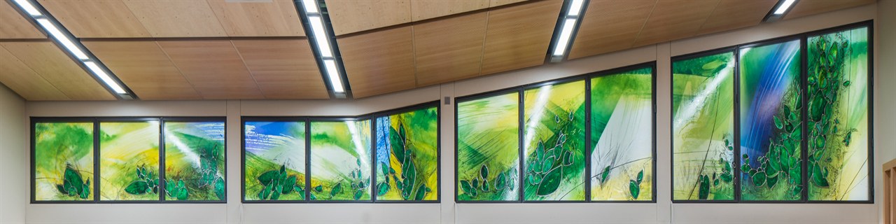 contemporary stained glass art in a sacred space