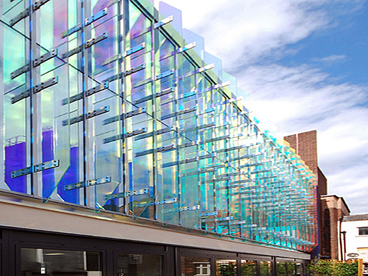 exterior dichroic glass work on charing cross road